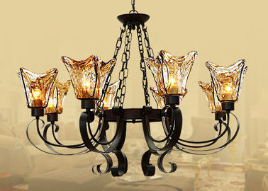 Lustre décoratif à la maison léger de fer travaillé du noir 8 avec la nuance en verre ambre